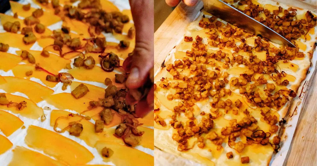 Flammkuchen mit Bio Tempeh und Kürbis wird geschnitten. Das fertige Rezept.