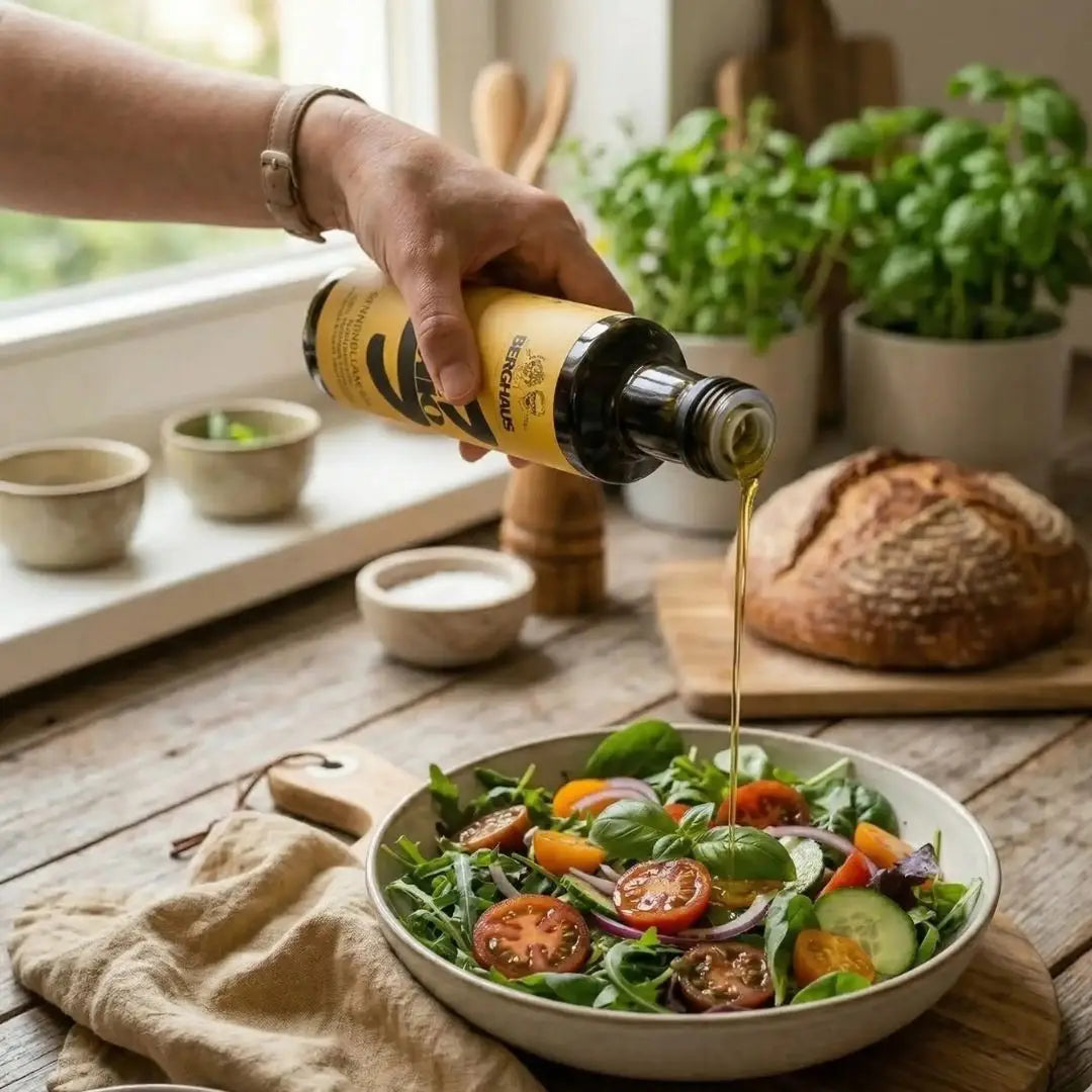 Kaltgepresstes Sonnenblumenöl über frischem Salat. Der nussige Geschmack vom Berghaus für deinen Salat.