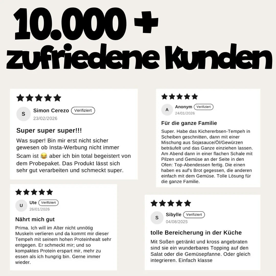 Kundenbewertungen TÄMPTÄSTIC. Über 10.000 zufriedene Fans und verifizierte 5-Sterne-Bewertungen für unseren Bio-Tempeh