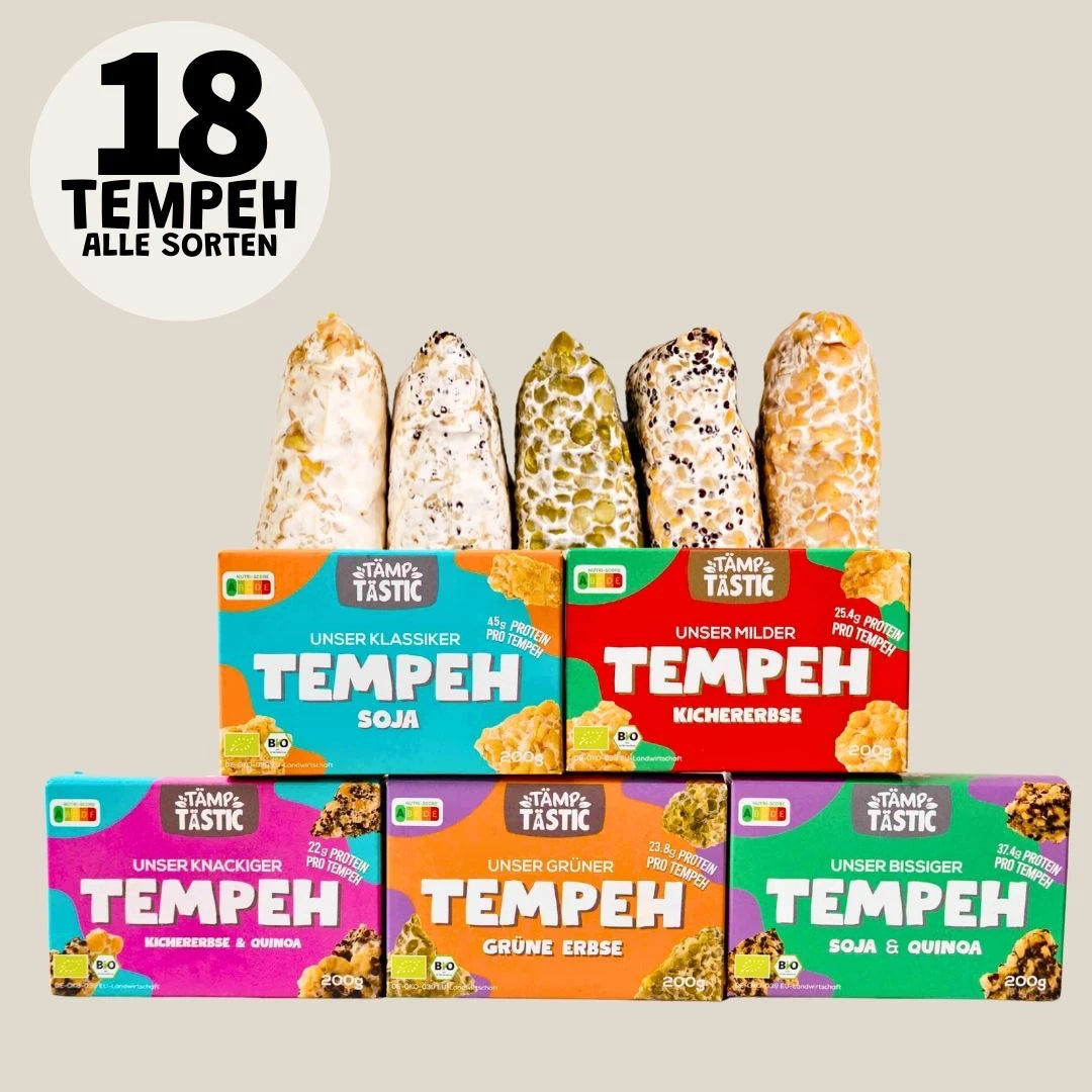 18 Tempeh. 18er Vorratspack Bio-Tempeh ohne Soja. Reich an Ballaststoffen und Eiweiß, handgemacht in OWL.