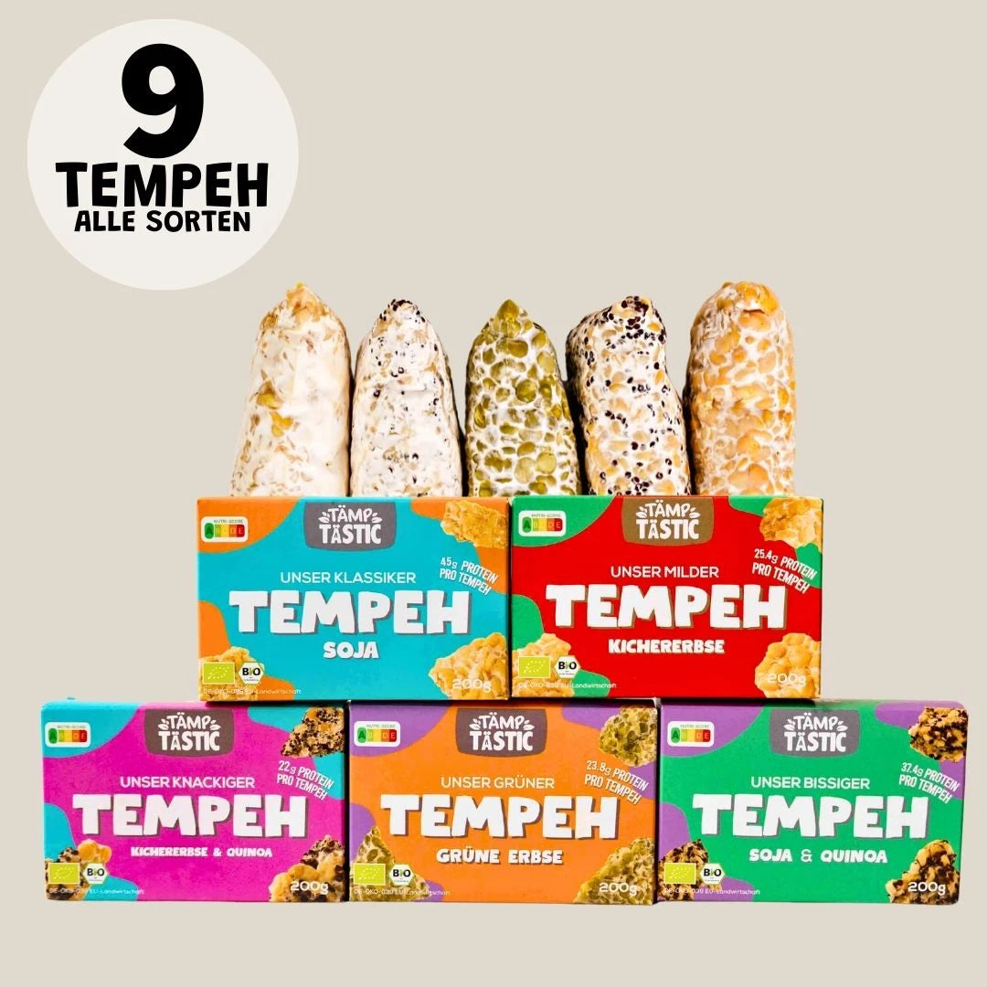 9 Tempeh. Probierpaket mit 9 Blöcken Bio-Tempeh aus Soja. Handgemacht in OWL mit viel Eiweiß.