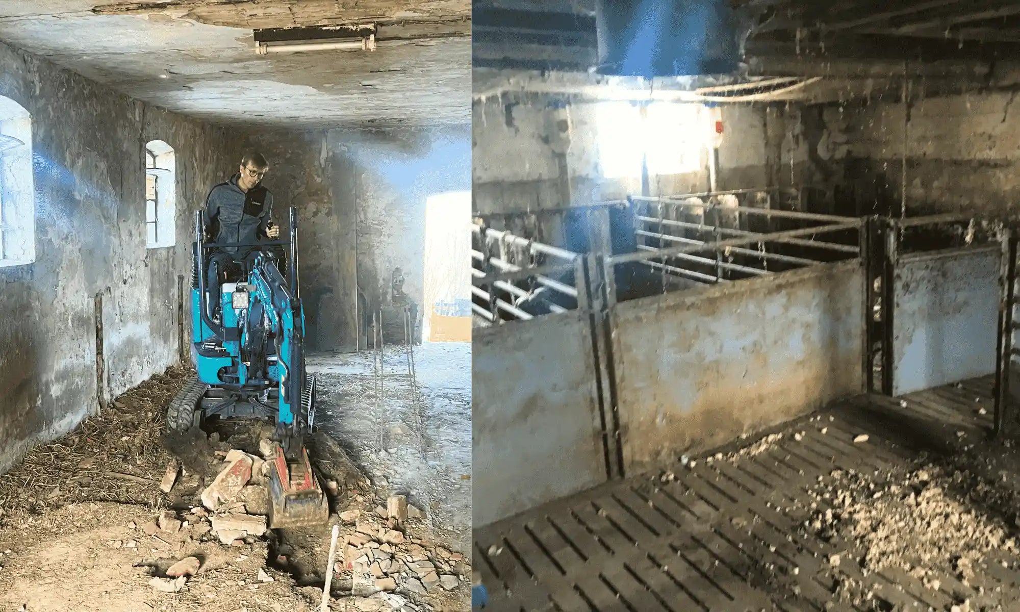 Luca auf dem Bagger und die Ansicht des alten Stalls: Der Ursprung der TÄMPTÄSTIC Produktion.