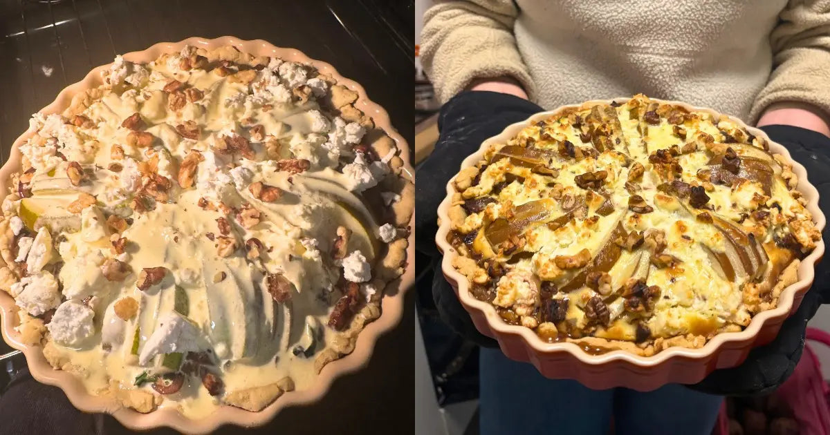Tarte mit Birne, Spinat, Feta und krossem BIO-Tempeh