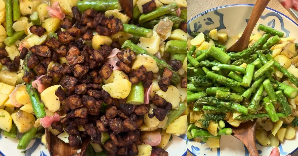 Tempeh-Kartoffelsalat mit Spargel