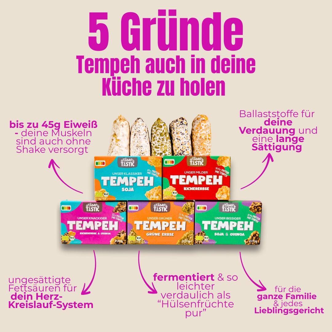 5 Gründe, warum du Tempeh mit Soja in deine Küche holen solltest – eiweißreich, ballaststoffreich, fermentiert und familienfreundlich. mit-soja