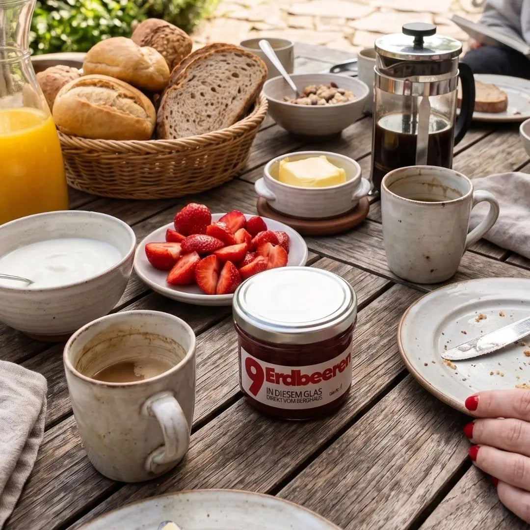 Gedeckter Frühstückstisch mit Kaffee, Brötchen und der Berghaus Erdbeermarmelade.