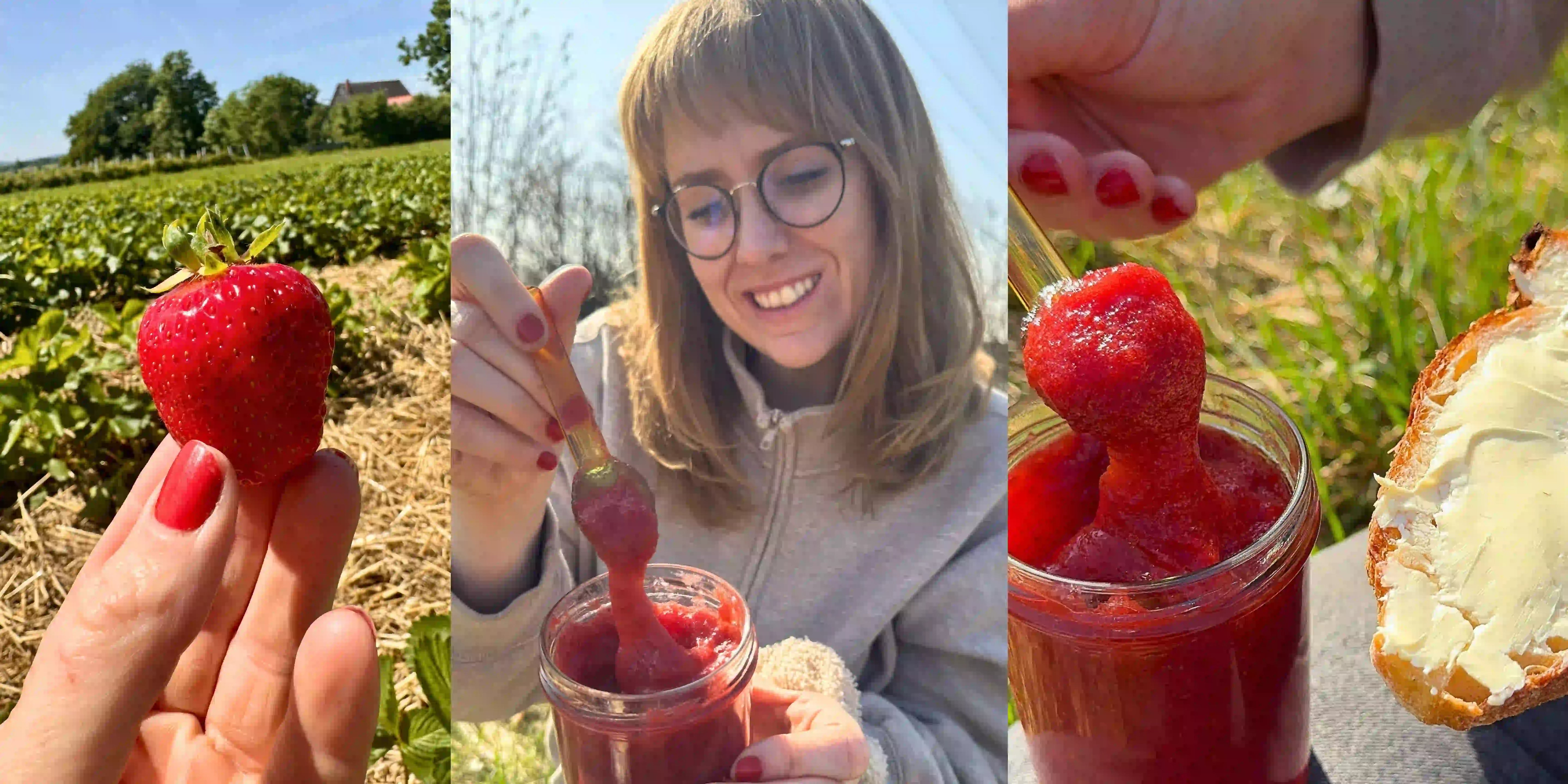 Erdbeere auf dem Feld und Jana löffelt Berghaus Erdbeermarmelade aus dem Glas.