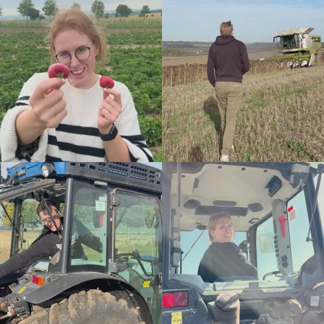 Impressionen vom Hof: Jana und Luca mit frischen Erdbeeren und Sonnenblumen.