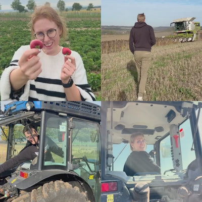 Impressionen vom Hof: Jana und Luca mit frischen Erdbeeren und Sonnenblumen.