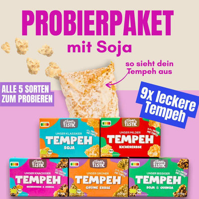 Probierpaket mit Soja – alle fünf Sorten Tempeh von TÄMPTASTIC in einer Übersicht mit Abbildung des Produkts soja-9