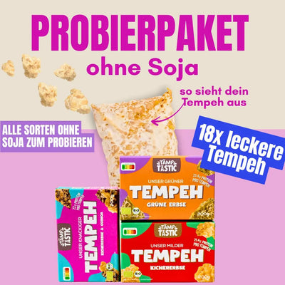 Tempeh Probierpaket ohne Soja – 18x Tempeh in drei leckeren Sorten, bio, proteinreich, ballaststoffreich, perfekt für deine Lieblingsgerichte ohne-soja-18