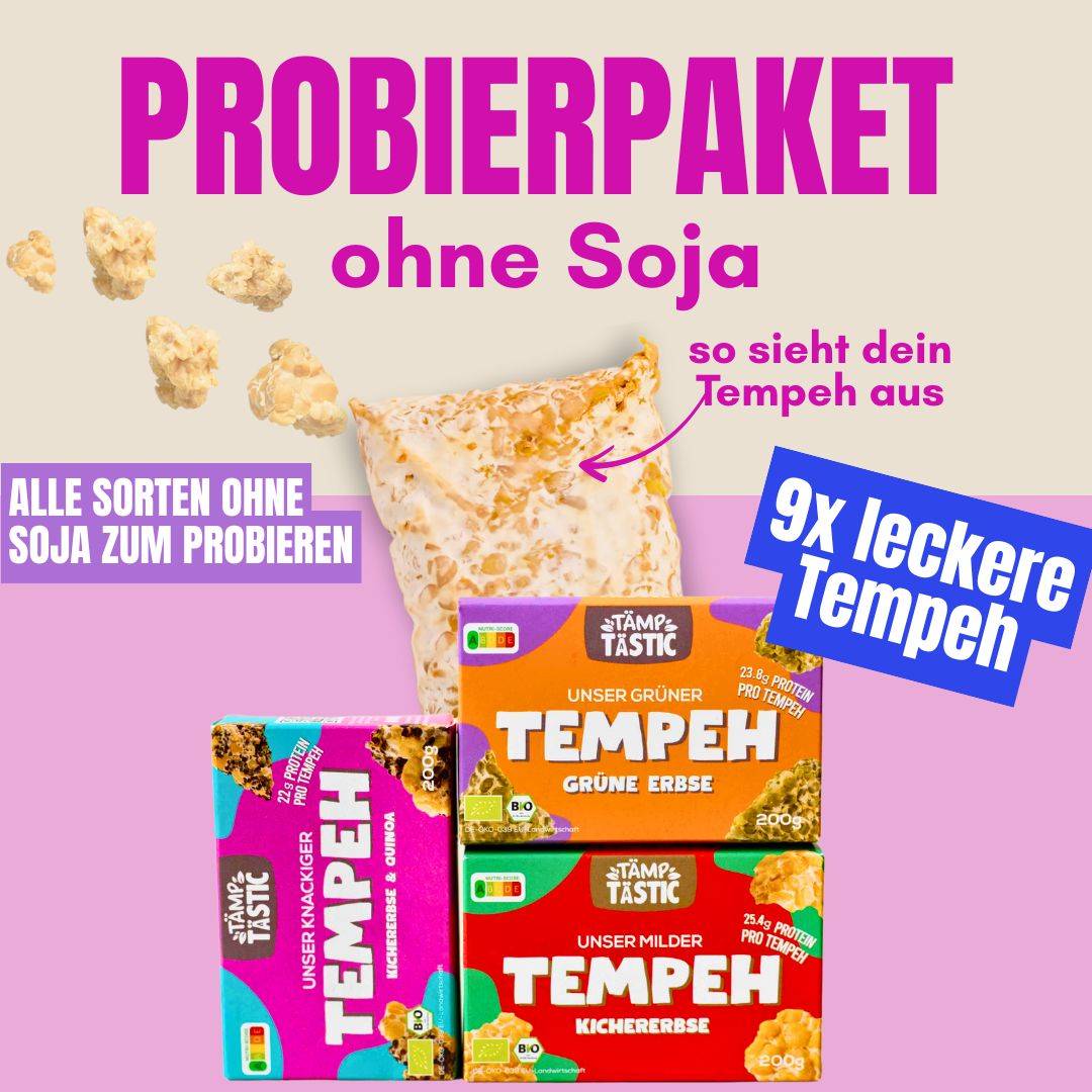Probierpaket ohne Soja mit drei Sorten Tempeh von TÄMPTASTIC – Grüne Erbse, Kichererbse und Kichererbse & Quinoa. Ideal für alle, die auf Soja verzichten möchten. ohne-soja-9