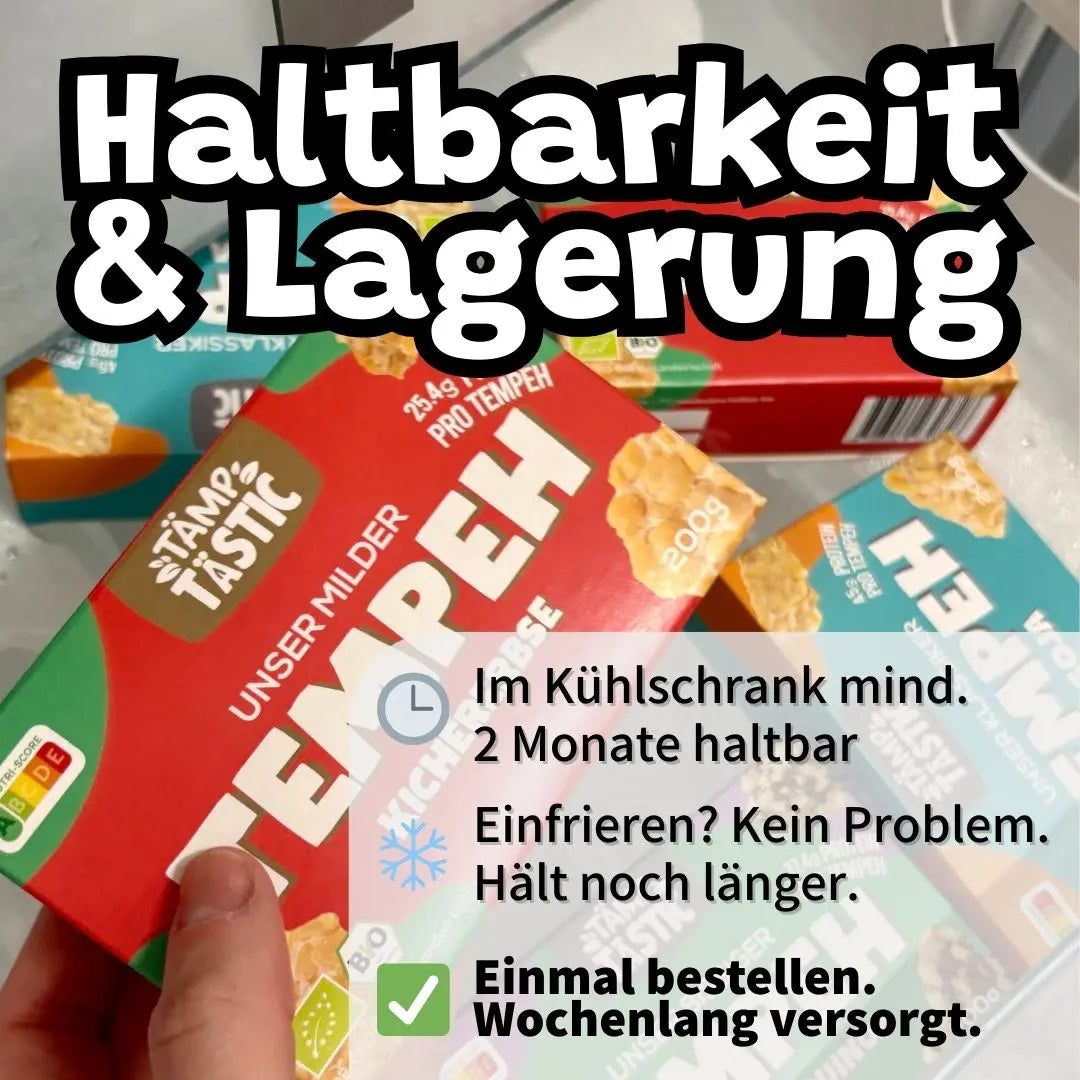 Lagerung von Bio-Tempeh. Im Kühlschrank mindestens 2 Monate haltbar oder einfach einfrieren für langen Vorrat