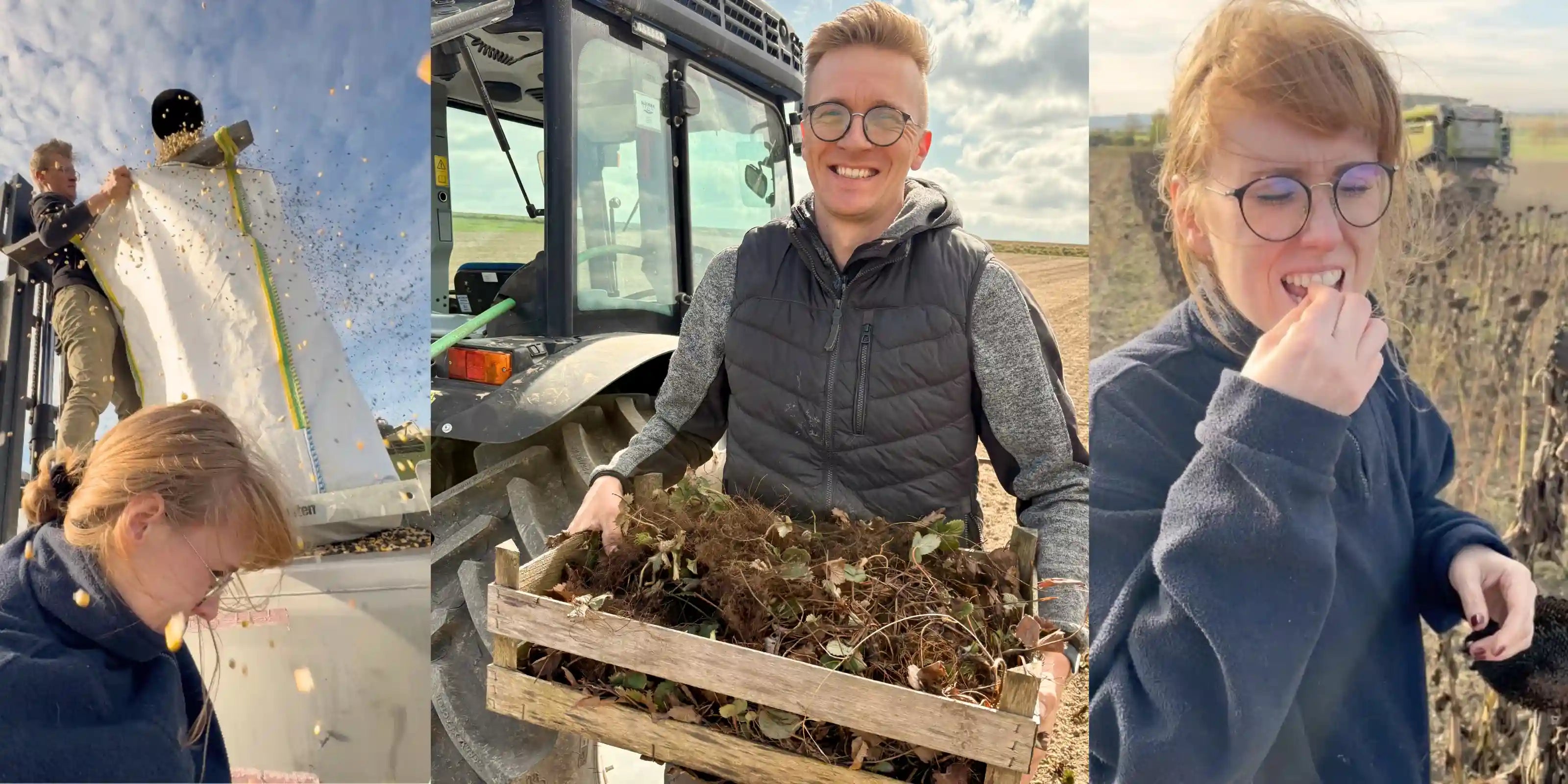 Jana und Luca mit frischen Hofprodukten wie Erdbeeren und Sonnenblumen am Berghaus.