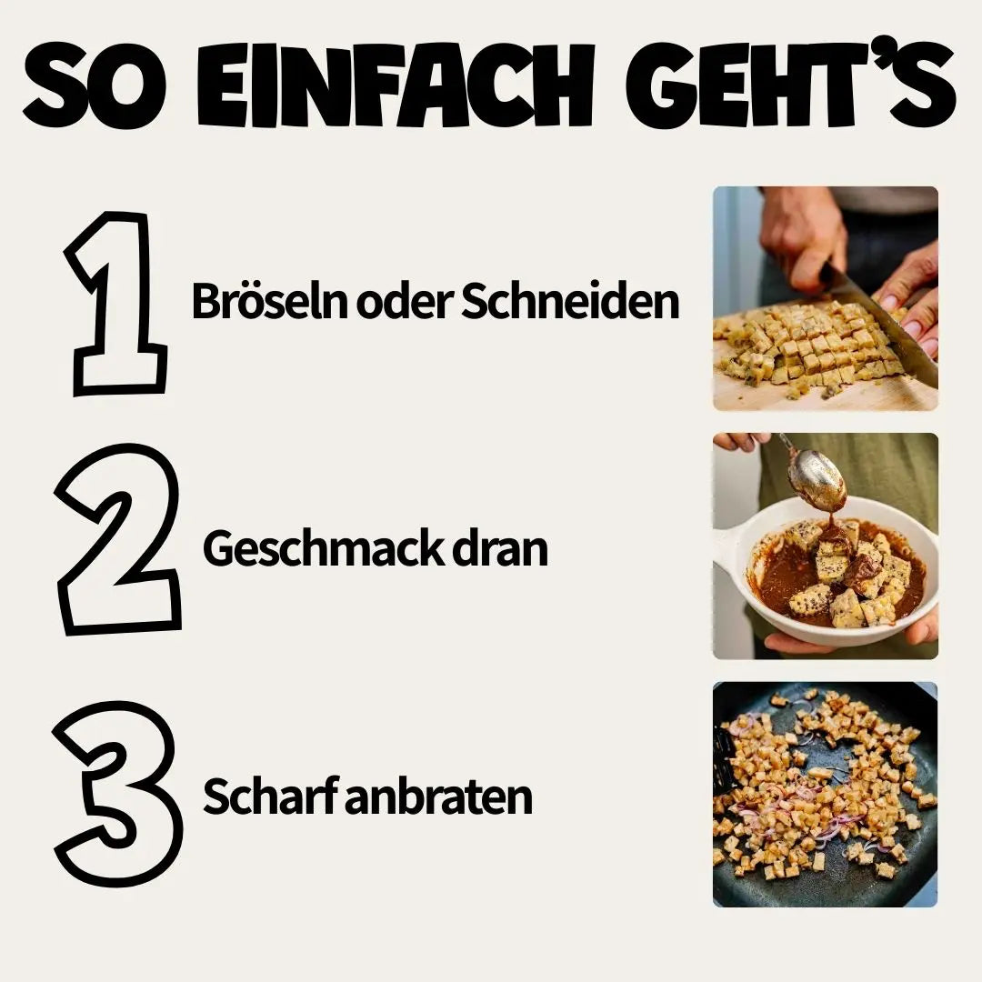 Bio-Tempeh zubereiten. In 3 einfachen Schritten: Bröseln oder Schneiden, Geschmack dran und scharf anbraten.