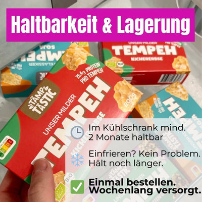 Tempeh kaufen – Infos zu Haltbarkeit und Lagerung: Im Kühlschrank mehrere Wochen haltbar, auch zum Einfrieren geeignet. Perfekt zum Vorratskauf. common