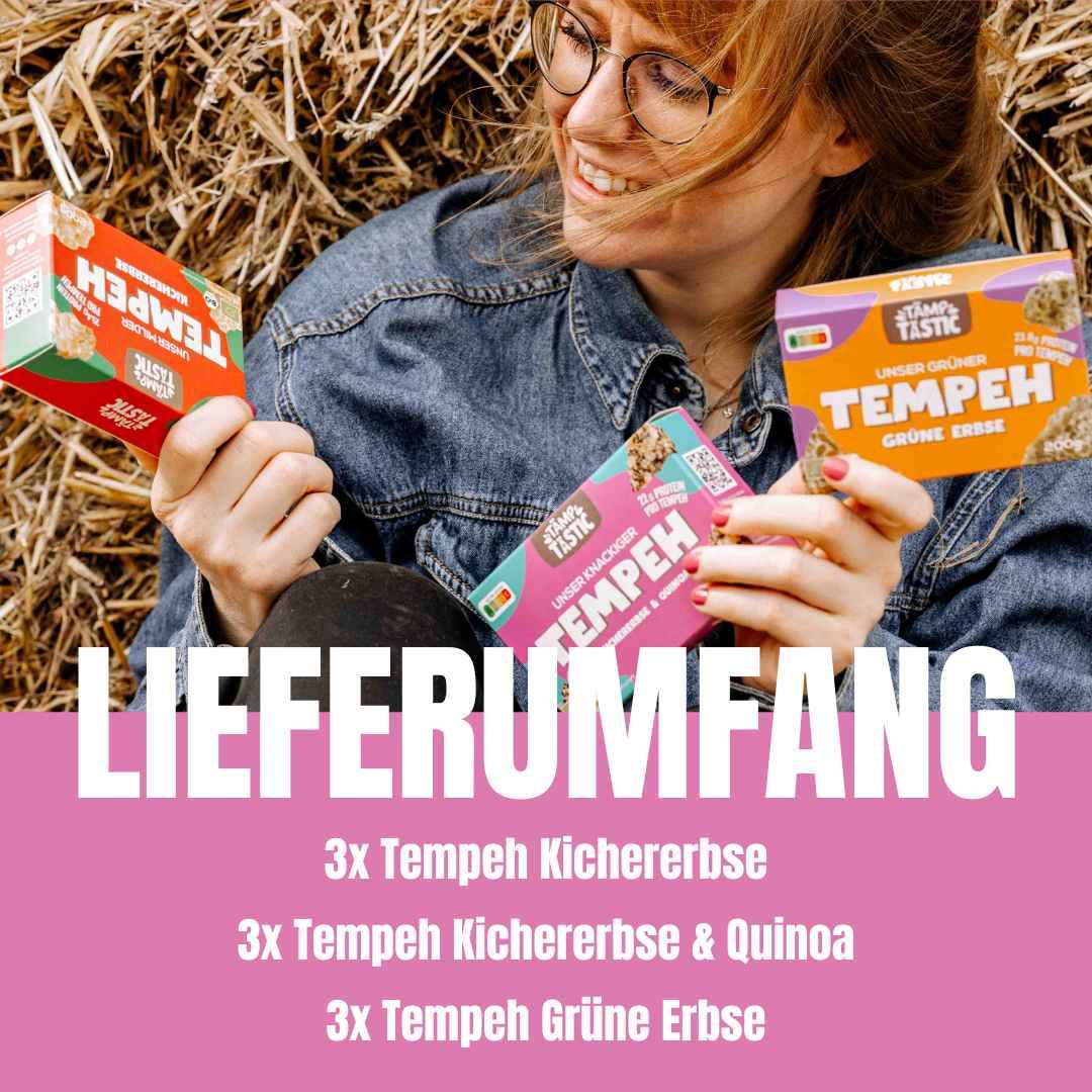 Tempeh Lieferumfang: 6x Tempeh in 3 Sorten – Kichererbse, Kichererbse & Quinoa, grüne Erbse. Bio, fermentiert & vegan genießen. ohne-soja-9